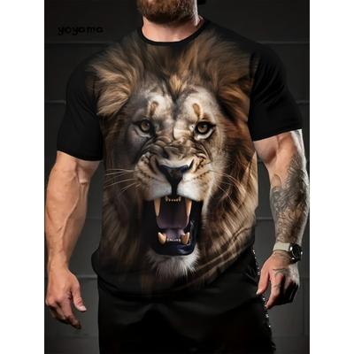 Men's 3D Roaring Lion Graphic T-Shirt Retro O Neck Short Sleeve T-Shirt Oversized Breathable Top Summer Men's Street Casual Tee