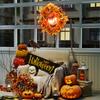 Halloween Wreath, Spooky Pumpkin Design, Autumn Leaves, Light Effects, Plastic