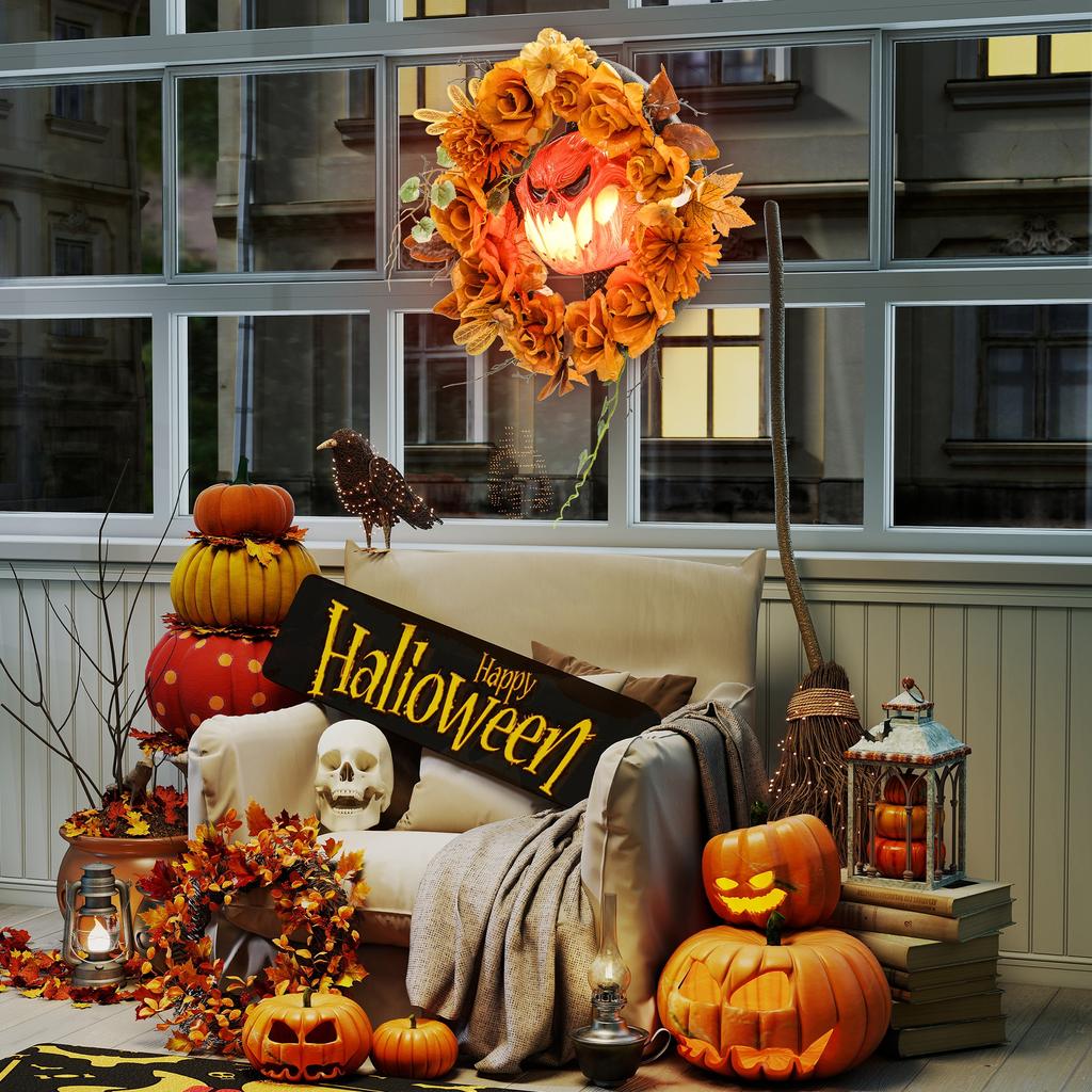 Halloween Wreath, Spooky Pumpkin Design, Autumn Leaves, Light Effects, Plastic