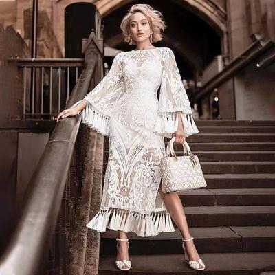 Robe longue élégante à col rond en dentelle et pompons pour femme, tenue de soirée, de bal, de mariage, de demoiselle d'honneur