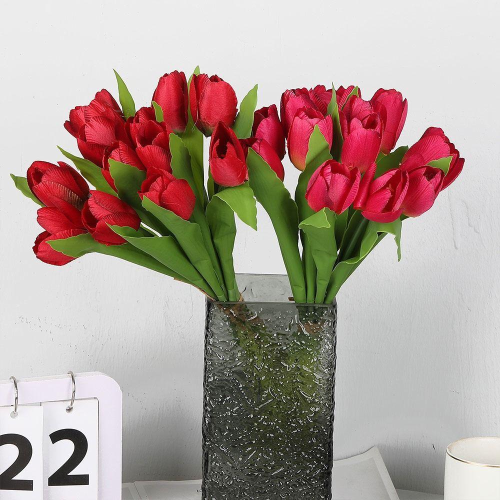 12 Heads Tulip Artificial Flower Green Leaves Silk Petals Simulation Tulip Flower DIY Photo Props Faux Flower Desktop Ornament