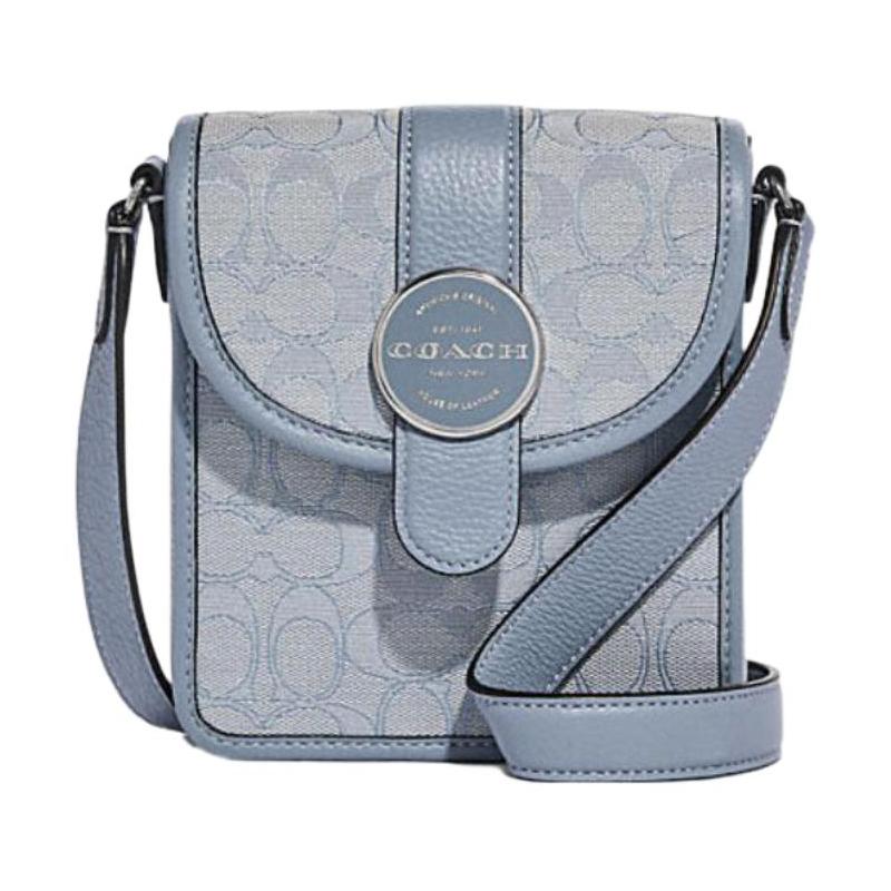 

COACH crossbody bag N/S 15 Simple and iconic jacquard with exquisite pebbled leather shoulder small size for women silver with marble blue denim синій
