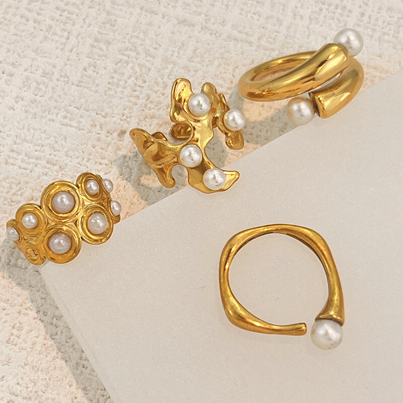 Stainless Steel Imitation Pearl Rings for Women Men Vintage Geometric Irregular Opening Rings Fashion Design Jewelry Accessories