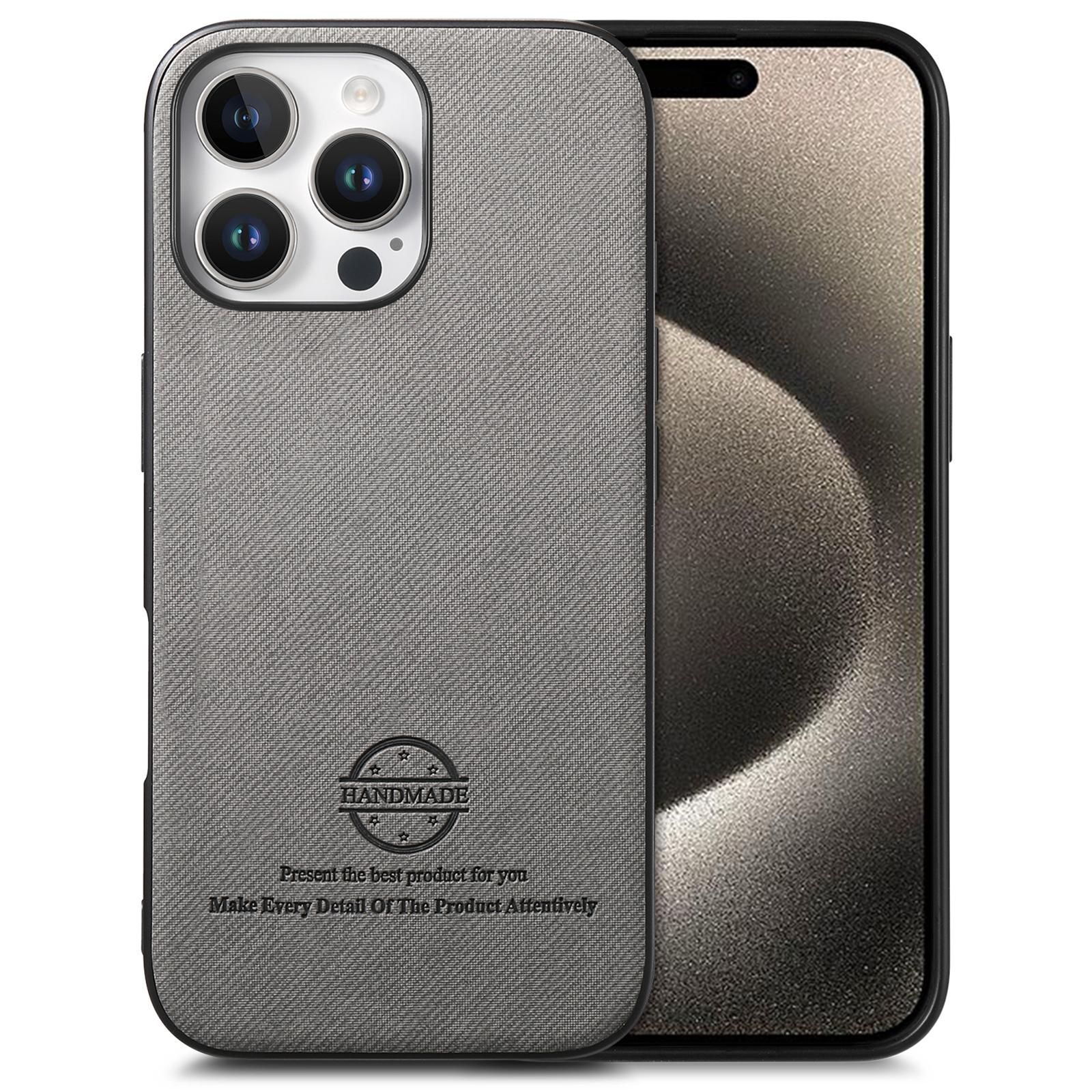

For iPhone 15 Pro Case Cloth Texture Leather+PC+TPU Anti-Drop Phone Cover Grey