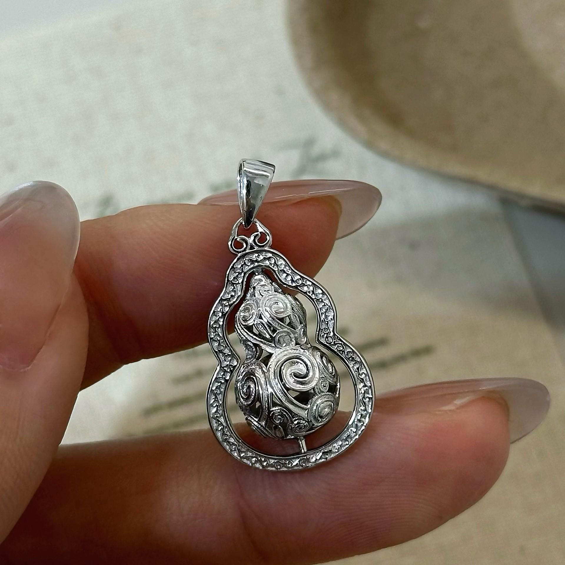 

S925 Sterling Silver Rotatable Gourd Pendant - Chinese Style Arabesque Good Luck Bead 925 Silver