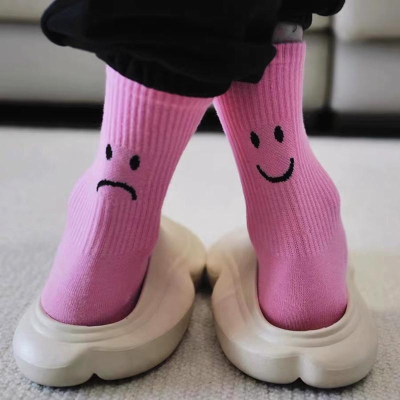 Tide Brand Crying Smiley Face Socks Funny Street Sports Solid Color Couple Socks Tide Socks Pure Cotton Medium Tube Socks