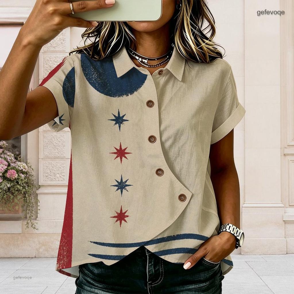 Plus Size Women Collared Short Sleeve Blouse Sparkling Pink Diamond Heart Print Button Front Casual Summer Top