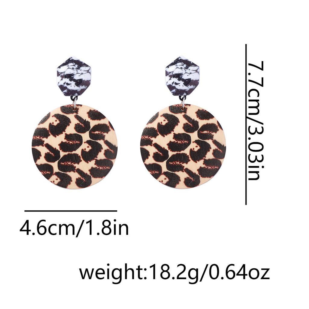 Exaggerated and grand geometric round wooden leopard print earrings from Europe and America, Korean style, fashionable, versatile and elegant