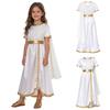 Kids Girls Ancient Greek Toga Costume Draped Shawl Satin Robe Short Sleeve Metallic Waist Embroidered Trim for Halloween Cosplay