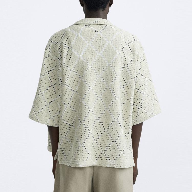 Zara Solid Color Loose Crochet Hollow Texture Short Sleeve Shirt Men Shirts Washed-Green 7545785-519