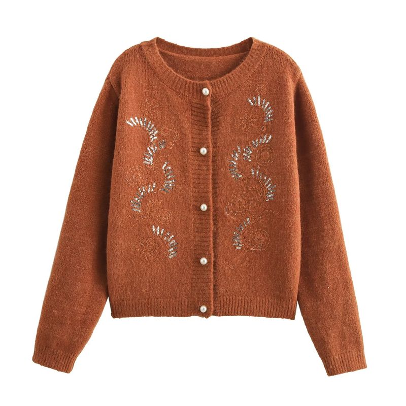 Kaslead New Arrival Women's Clothing Fashion Style Fashion Embroidered Sequins round Neck Knitting Cardigan Sweater Outwear