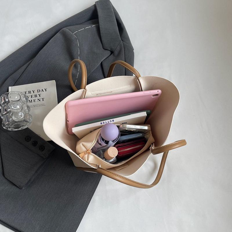 YogodlnsNew Ladies Tote Bag Basket Style Single Shoulder Commuter Bag Pure Color Versatile Handbag Soft PU Material Large Size