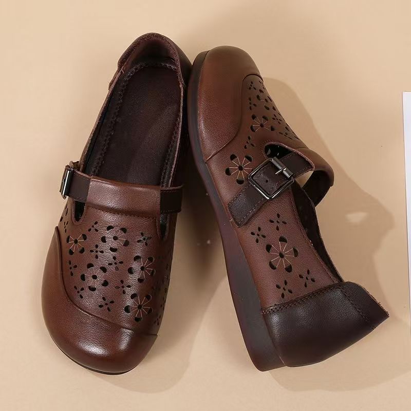 Women's Leather Baotou Hollow Out Flat Sole Sandals Summer New Soft Sole Non Slip Retro Round Toe Lightweight Slip On Cave Shoes