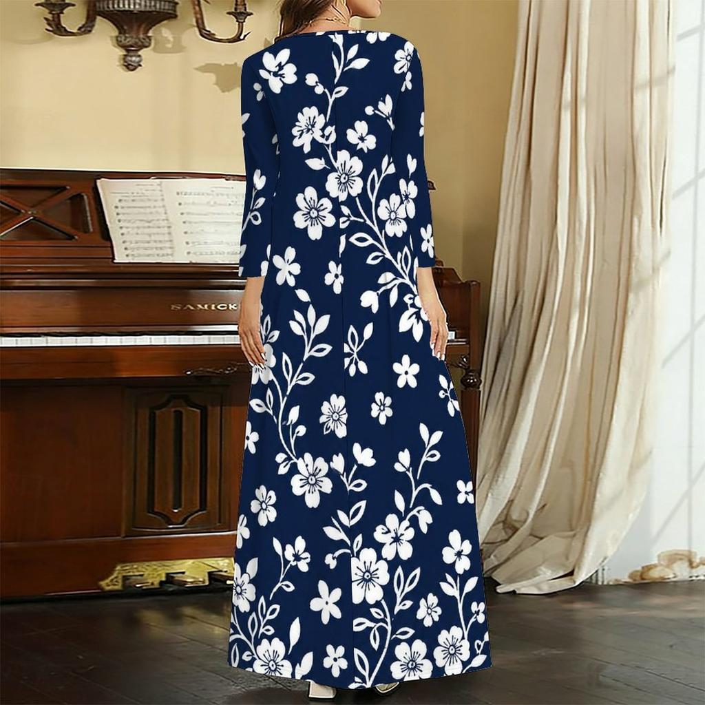 Women Plus Size V Neck Three Quarter Sleeve Black Yellow Floral Printed Long Dress