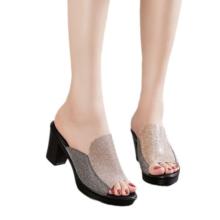 Thick-soled fish mouth wearing thick-heeled cool slippers women's summer 2025 new middle-aged high-heeled mother sandals