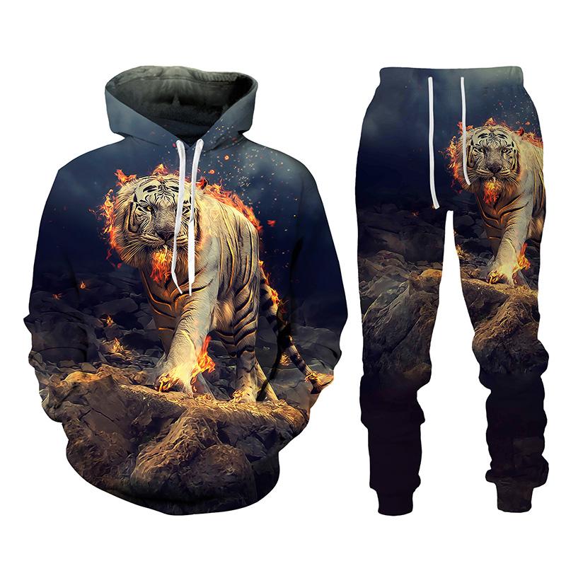 Tier Tiger 3D-gedrucktes Herren-Trainingsanzug-Set Lässiger Hoodie und Hose 2-teilige Sets Herbst Winter Mode Streetwear Herrenbekleidung Anzug