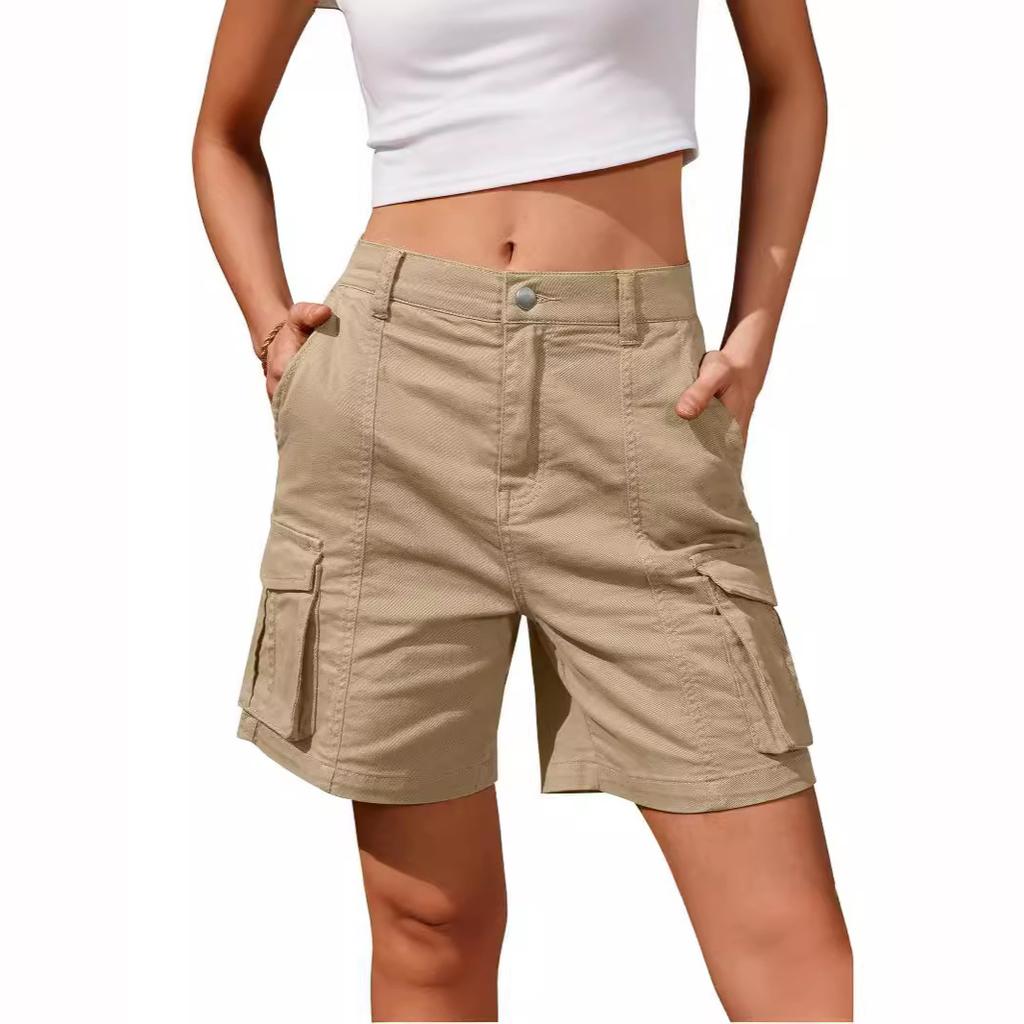 Women Cargo Shorts Knee Length Elastic Waist Long Shorts Pants Summer Casual Streetwear