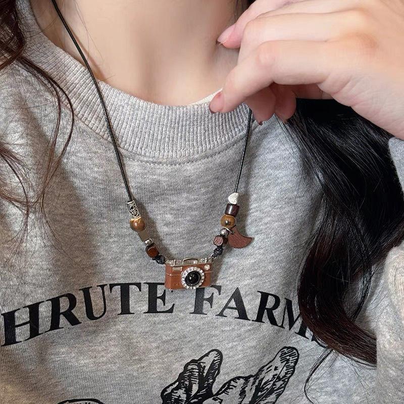 

Винтажное коричневое ожерелье с подвеской в виде камеры для женщин, индивидуальный дизайн в стиле хип-хоп, многослойная цепочка для свитера