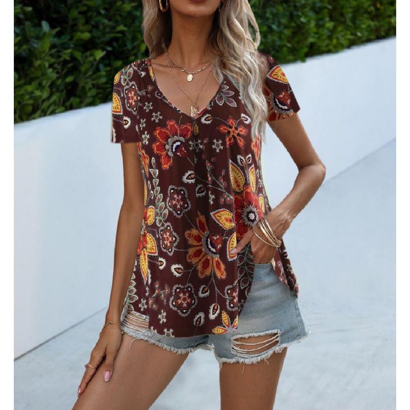 

Женская летняя разноцветная футболка с V-образным вырезом и короткими рукавами XXL темно-коричневого