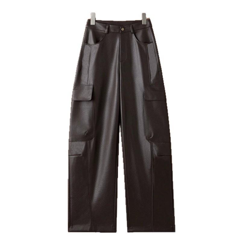 Womens Low Waist Cargo Pants Streetwear Loose Straight Leg Leather Solid Color