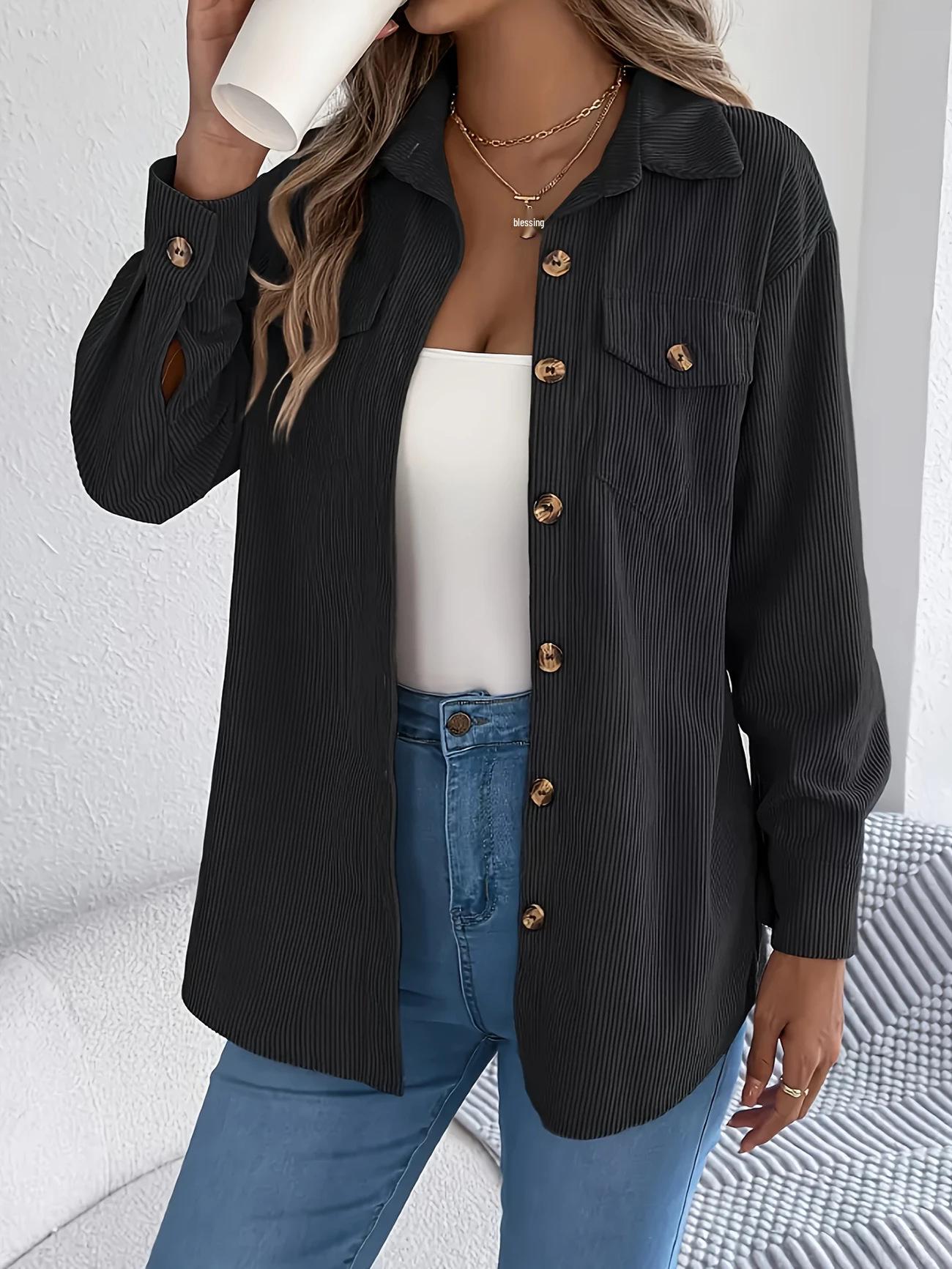 Women s High Quality Autumn 2025 Simple Corduroy Long Sleeve Casual Jacket Shirt Double Extra Large чёрный