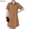 Women Casual Turn Down Collar Loose Short Sleeve Shirt Dress