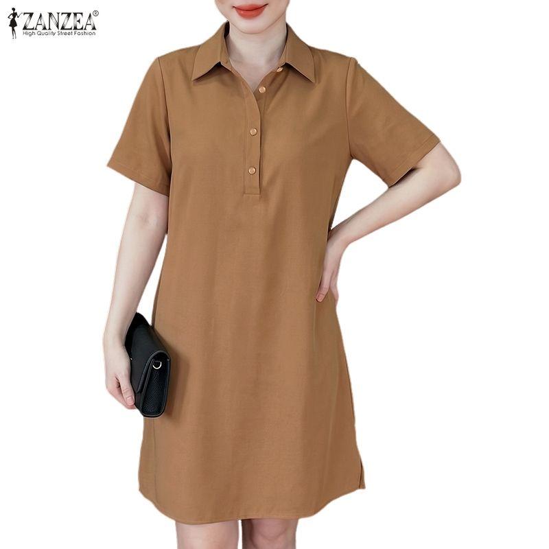 ZANZEA Women Casual Turn Down Collar Loose Short Sleeve Shirt Dress
