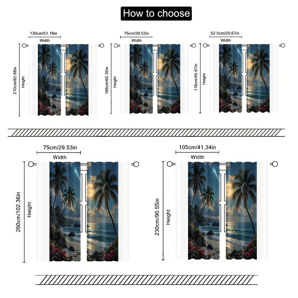2pcs Tropical Beach Moonlit Night Scene Blackout Curtains    Polyester Knit Weave   Machine Washable   All-Season Drapes for