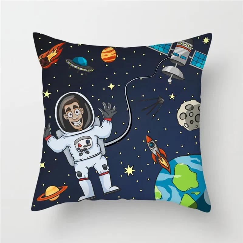 Cartoon Astronaut & Rakete Raumschiff Kissenbezug Deko Weltraum-Thema Kissenhülle für Sofa Schlafzimmer, Galaxie-Druck Kissenbezug