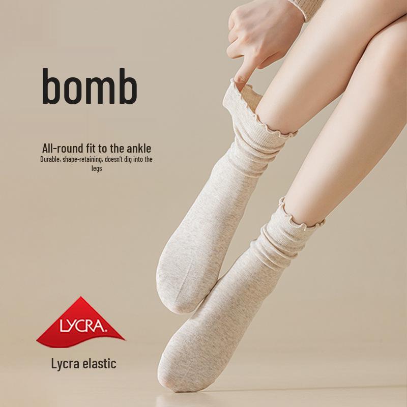 Women's Mid-Calf Lace Pile Socks - Korean Wood Ear Edge, Perfect for Loafers, Y2K Style