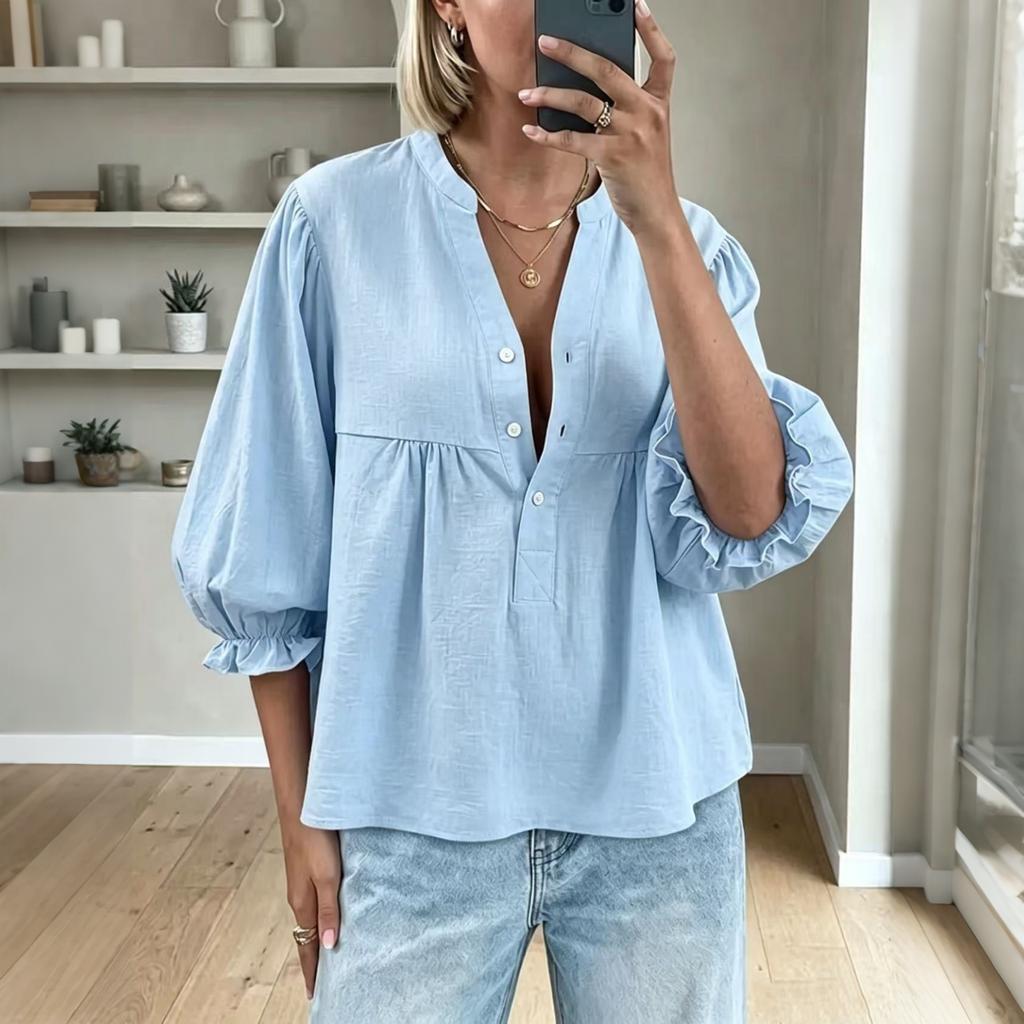 Women's Button Front Blouse Linen Cotton Blend Balloon Sleeves Puff Sleeve Top Casual Loose Fit Shirt