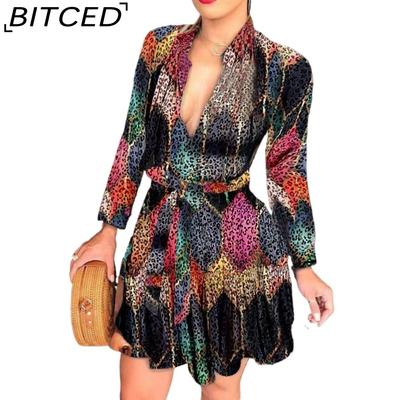 Women's Long Sleeve V-Neck Tie Fashion Sexy Printed Dresses