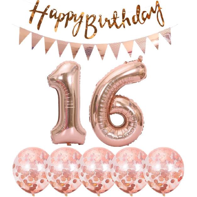 2 Balloons Number 16+ haappy Birthday Garland + Rose Gold Banner foil Balloon 16th Birthday Decoration+5 Confetti Balloons boy Girl 16 Year Birthday