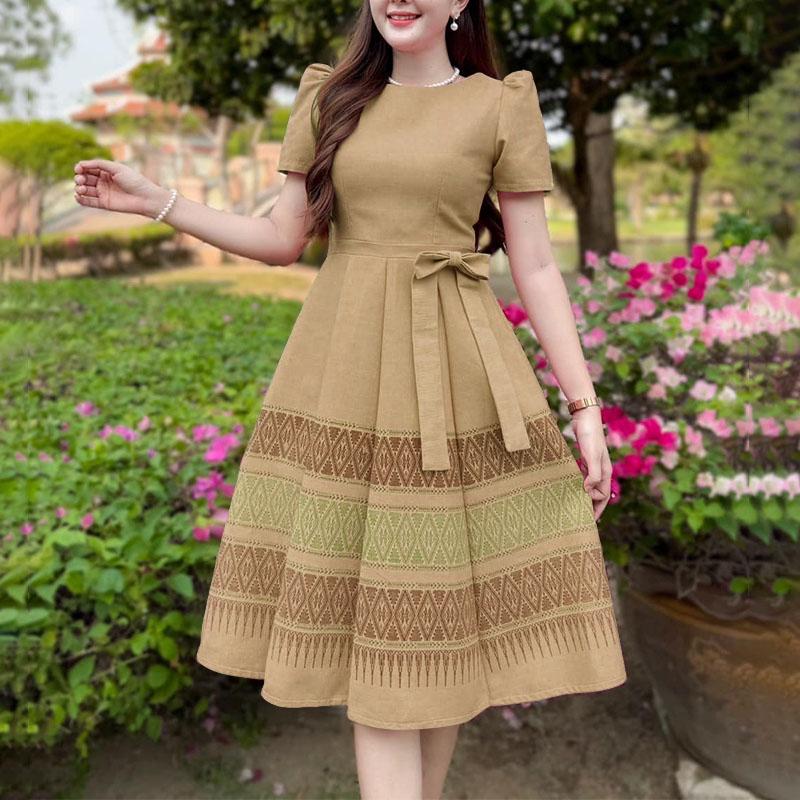 

ZANZEA Женское повседневное платье с круглым вырезом и коротким рукавом Летнее платье с принтом 5XL хаки