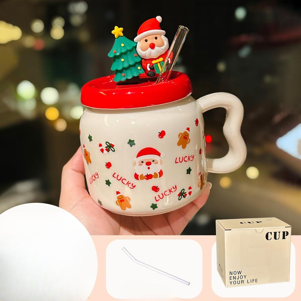 Cute Cartoon Santa Claus Ceramic Mug with Lid High Looking Straw Cup Christmas Gift Souvenir
