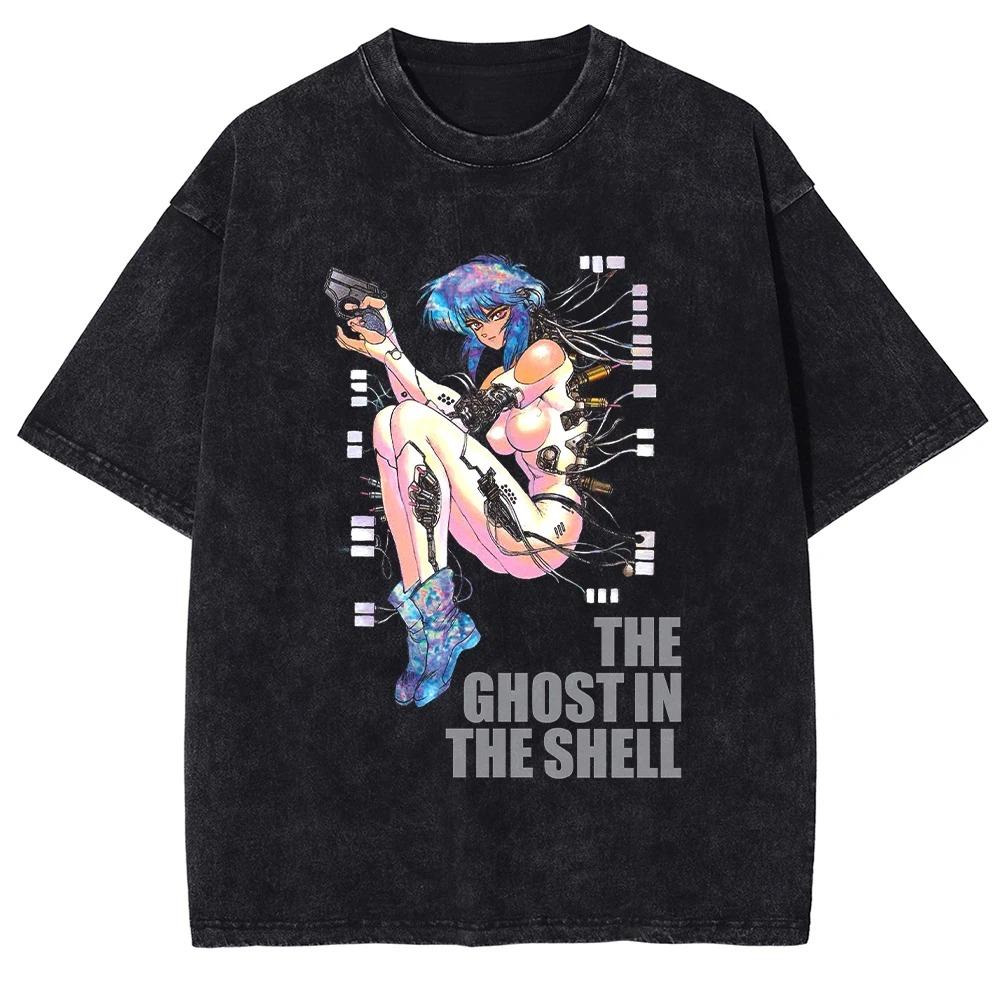 Anime Ghost in the Shell Print T-shirt Cotton Short Sleeve Tee Men Women Clothing Harajuku Vintage Washed Oversized T Shirt
