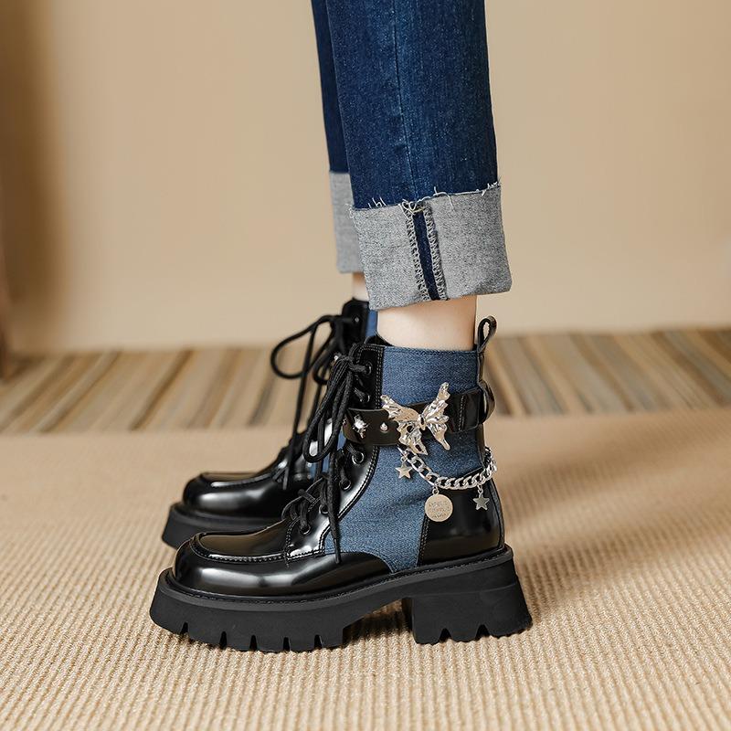 Autumn New Liquid Butterfly Martin Boots Thick-soled Casual Lightweight Knight Boots Women's Short Boots Women's Thick Heel