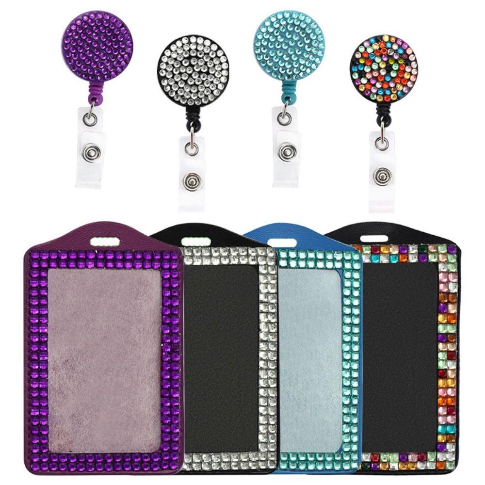 Bling ID Holder with Lanyard Rhinestone Decorated Elegant Design Shiny Finish Badge Reel Retractable Lanyard Easy Pull Buckle