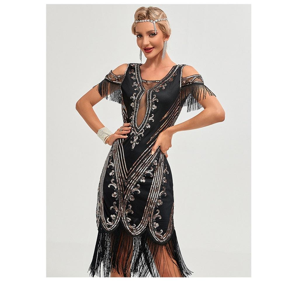 1920S Retro Dance Party Embroidered Tassel Dress Cocktail Party Plus Size Sequins Mesh Dress