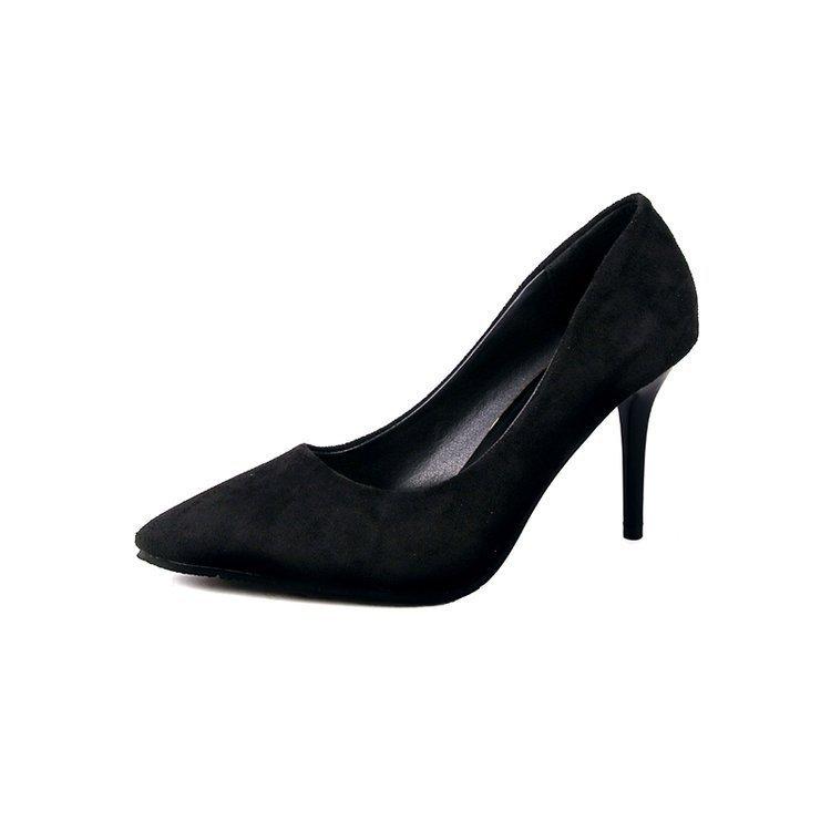 

High heels women s spring and autumn black thin heels pointed head light mouth suede professional shoes large size etiquette shoes 43