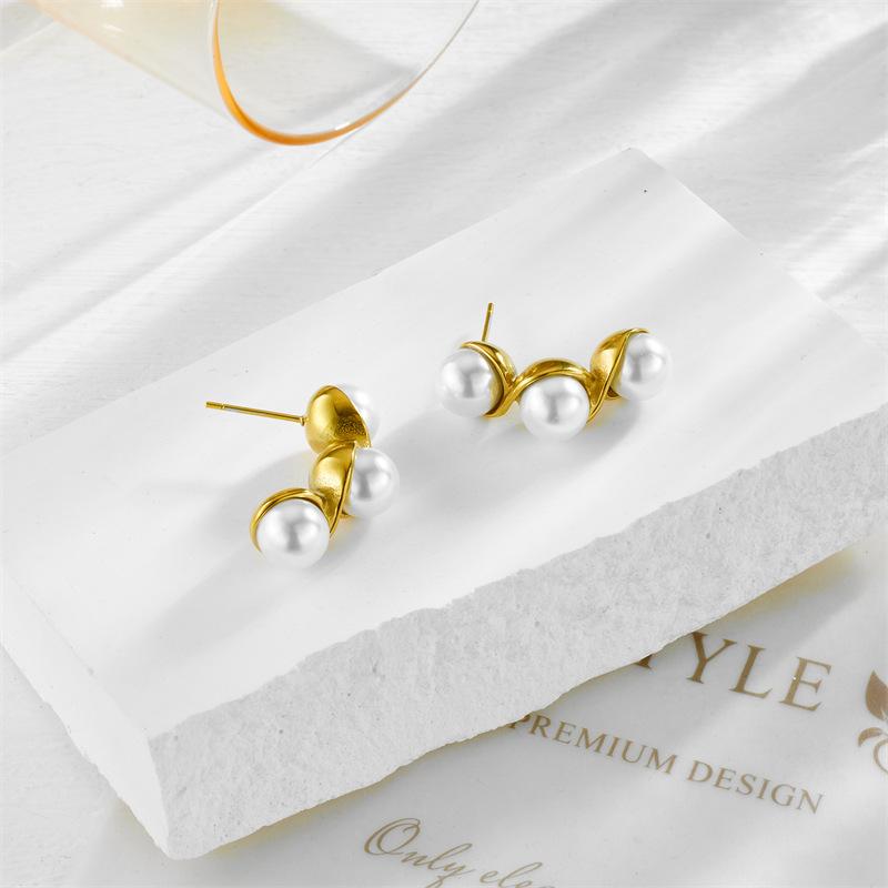 Gold Plated Stainless Steel Spiral Pearl Drop Earrings For Women