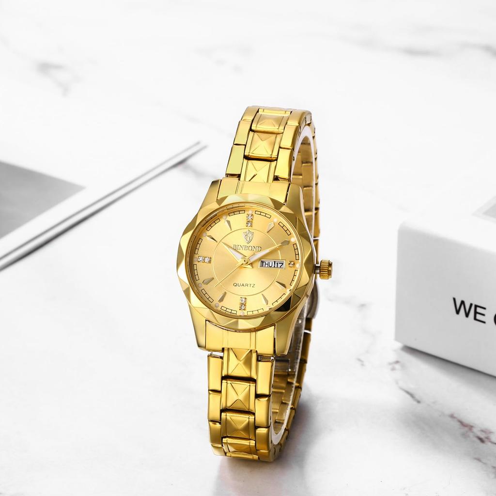 Damen Goldene Analoguhr mit Schlichtem Design, Tagesanzeige, Kalender, 3ATM Wasserdichtigkeit, Edelstahlarmband, Lässiger und Business-Stil -