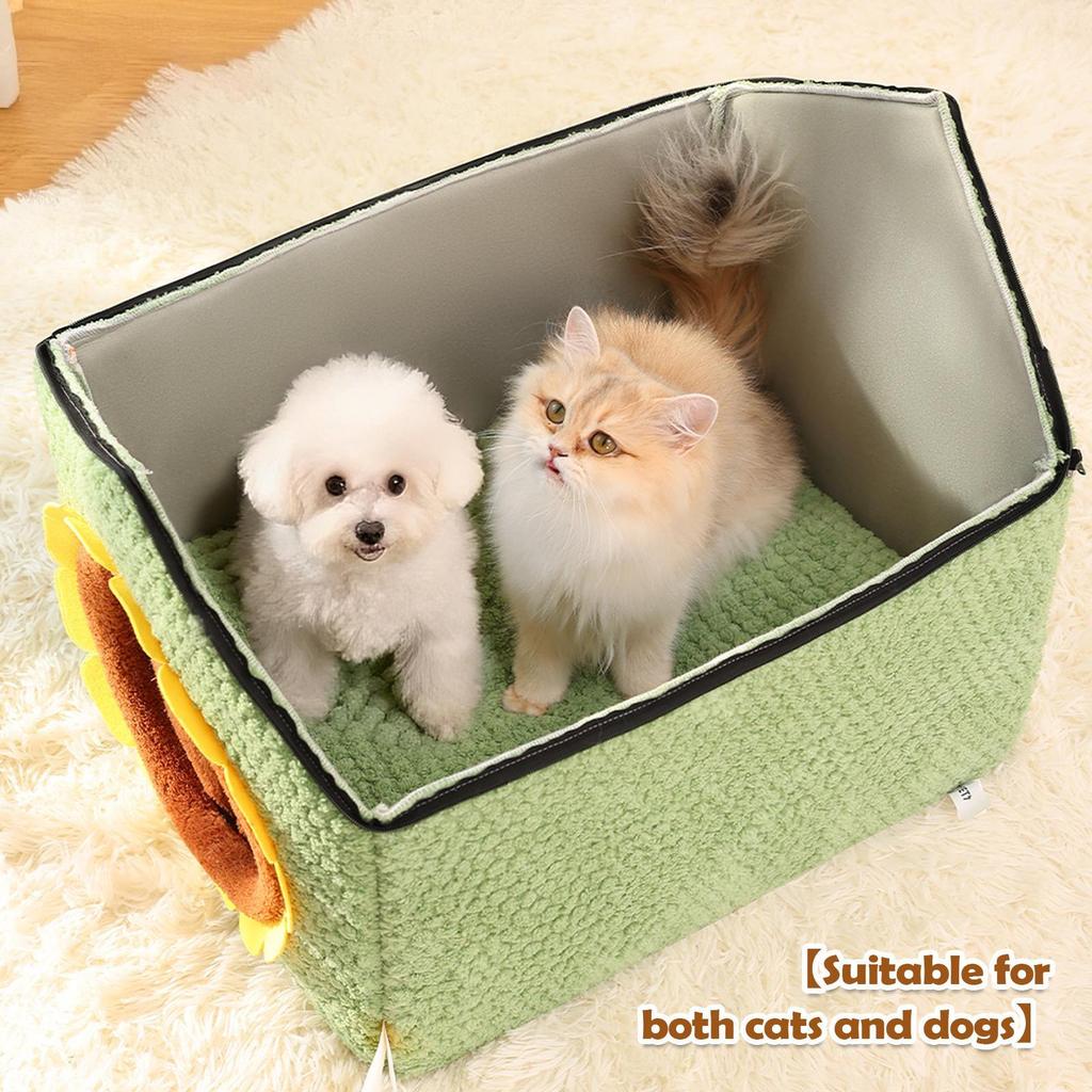 Sunflower Warm Cat Bed Winter Washable Puppy Bed Enclosed Cat House Cave Foldable Detachable Cats Sleeping Bed With Door Curtain