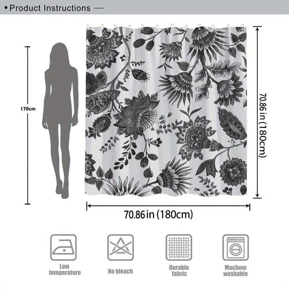 1 Solid Color Botanical Digital Painting Shower Curtain, Dense Floral Pattern, Polyester Fabric, Machine Washable, With Hooks
