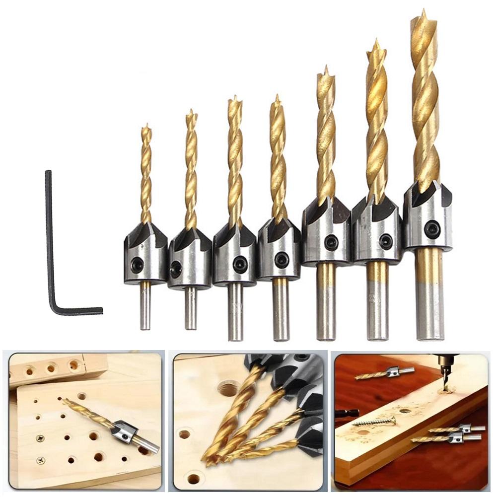 For Wood Drill Bits 7 Pieces Titanium Coated Rust-proof Woodworking Drill Bit Suitable for Wood Drilling Steerable Drill