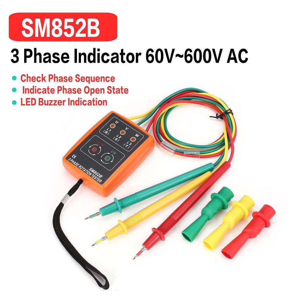 

SM852B 3 Phase Rotation Tester Digital Phase Indicator Detector LED Buzzer Phase Sequence Meter Voltage Tester Tools 60V~600V AC