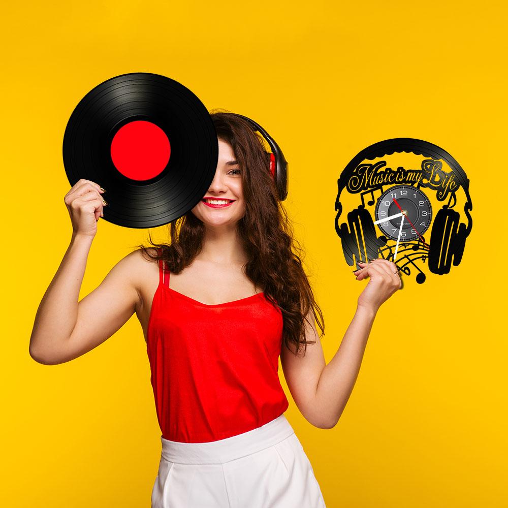 Music Is My Life Music Inspirational Quote Home Decor Music Headphone Wall Clock Rock n Roll Vintage Vinyl Record Wall Clock