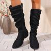Pleated Design Block Heel Knee High Boots Women Plus Size 36-42 Zipper Long Boots Woman  Fashion Buckle Flock Botas Mujer