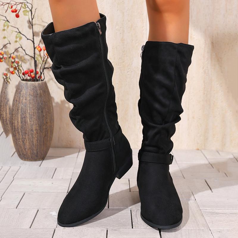 Pleated Design Block Heel Knee High Boots Women Plus Size 36-42 Zipper Long Boots Woman  Fashion Buckle Flock Botas Mujer