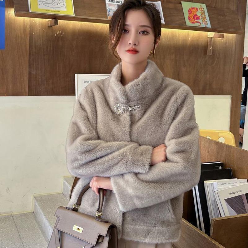 Winter imitation mink fur jacket new short stand-up collar fur fashion large size cotton coat short padded women